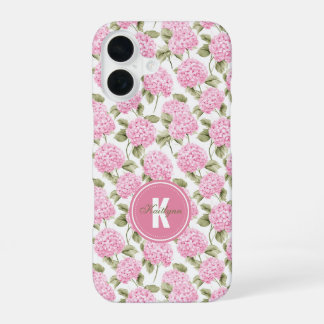 Elegant Roze Hortensia Bloemen Patroon Monogram iPhone 16 Hoesje