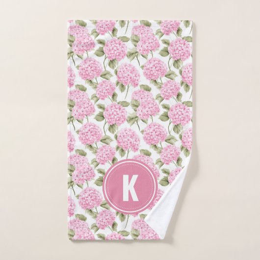 Elegant Roze Hydragea Bloemen Patroon Monogram Bad Handdoek (Handdoek)