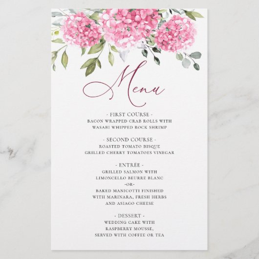 Elegant Roze Hydrangea Bloemenbruiloft Diner Menu (Voorkant)
