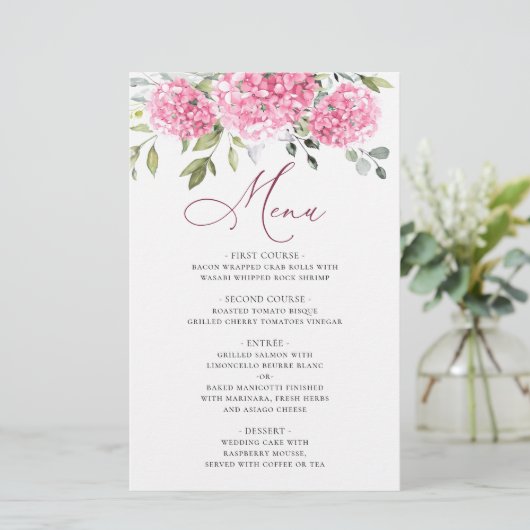Elegant Roze Hydrangea Bloemenbruiloft Diner Menu (Staand voorkant)