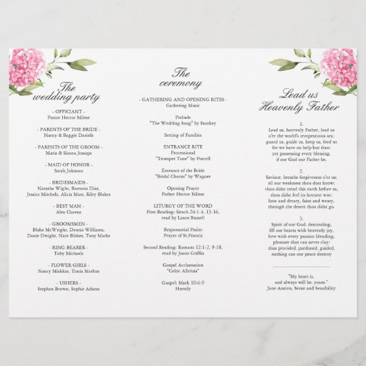Elegant roze Hydrangea bruiloft ceremonie programm (Achterkant)