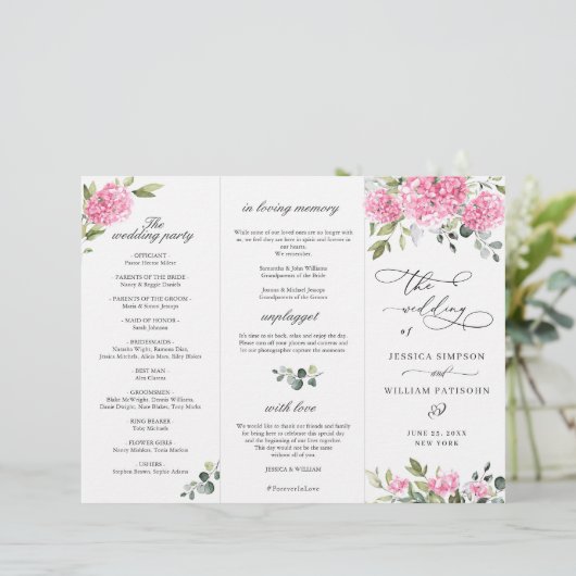Elegant roze Hydrangea bruiloft ceremonie programm (Staand voorkant)