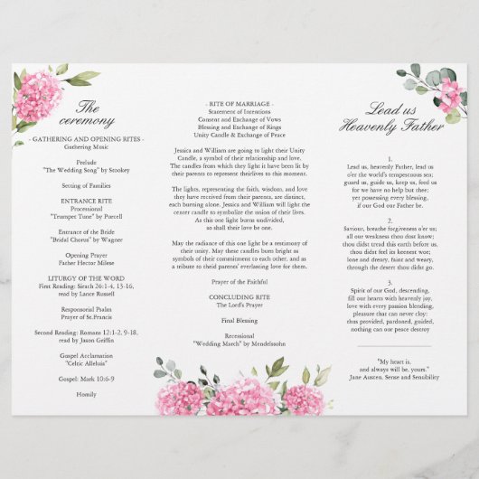 Elegant roze Hydrangea bruiloft ceremonie programm (Achterkant)