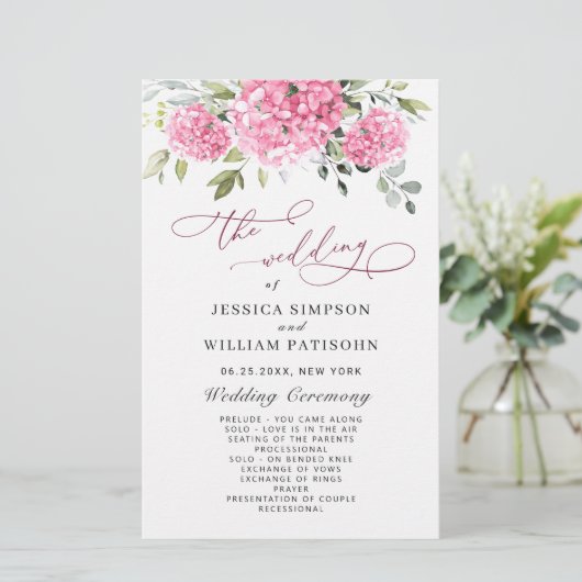 Elegant roze Hydrangea bruiloft ceremonie programm (Staand voorkant)