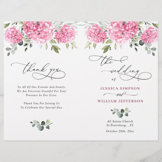 Elegant roze Hydrangea bruiloft ceremonie programm (Voorkant)