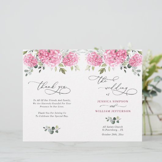 Elegant roze Hydrangea bruiloft ceremonie programm (Staand voorkant)