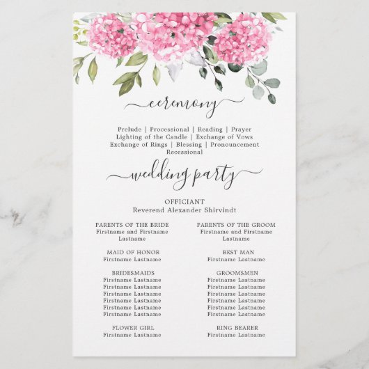 Elegant roze Hydrangea bruiloft ceremonie programm (Achterkant)