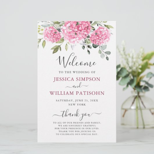 Elegant roze Hydrangea bruiloft ceremonie programm (Staand voorkant)