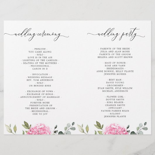 Elegant roze Hydrangea bruiloft ceremonie programm (Achterkant)