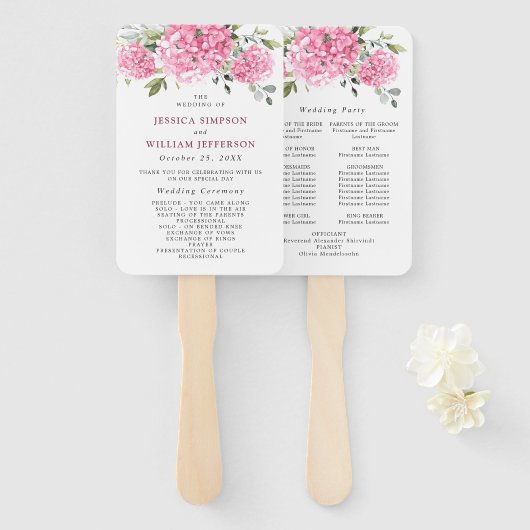 Elegant roze Hydrangea bruiloft ceremonie programm Handwaaier (Voorkant en achterkant)