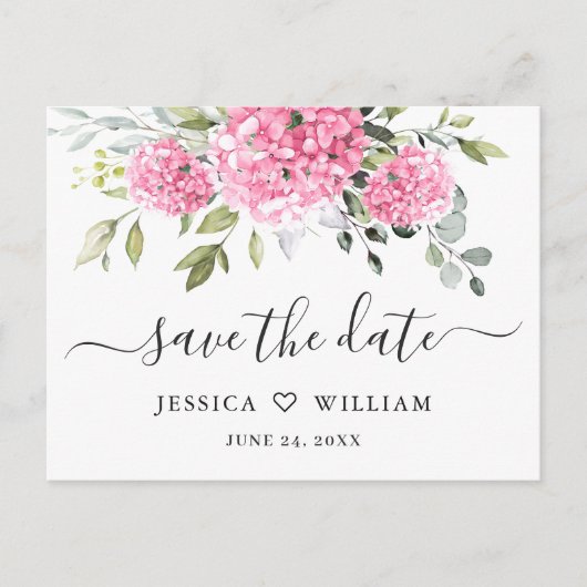 Elegant Roze Hydrangea Bruiloft Save the Date Briefkaart (Voorkant)