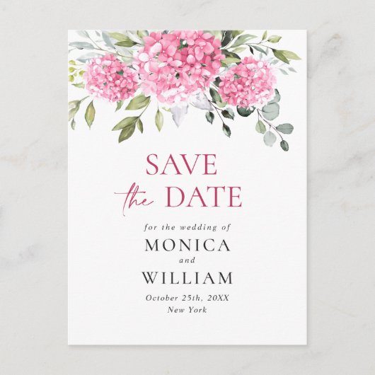 Elegant Roze Hydrangea Bruiloft Save the Date Briefkaart (Voorkant)