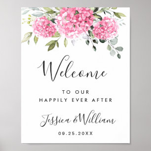 Elegant Roze Hydrangea Eucalyptus Bruiloft Welkom Poster