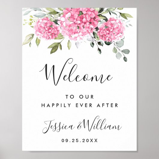 Elegant Roze Hydrangea Eucalyptus Bruiloft Welkom Poster (Voorkant)