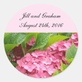 Elegant roze hydrangea Sla de datum op Ronde Sticker