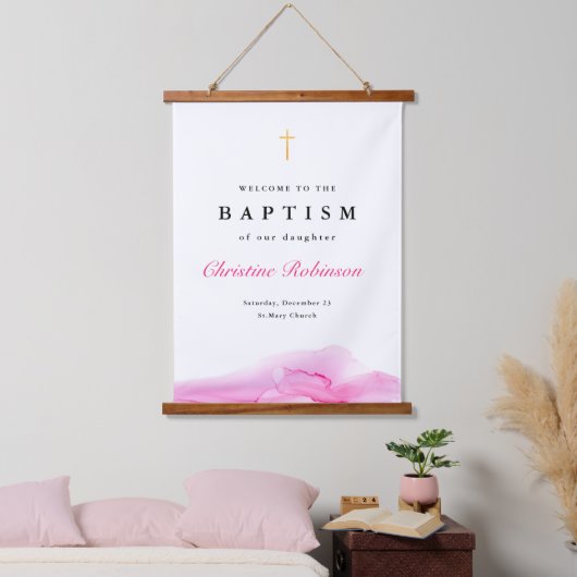 Elegant roze inkt Welkom Baptisme Christening Hangend Wandkleed (Slaapkamer)