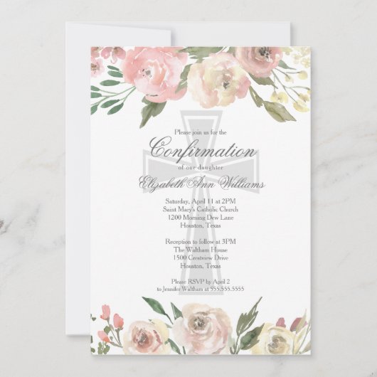 Elegant Roze Ivory Floral Religious Confirma Kaart (Voorkant)