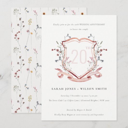 Elegant roze Jubileum voor monogram bloem Kaart (Voorkant / Achterkant)