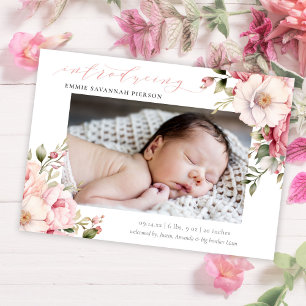 Elegant Roze Kalligrafie Bloemen Baby Foto Geboort Aankondiging