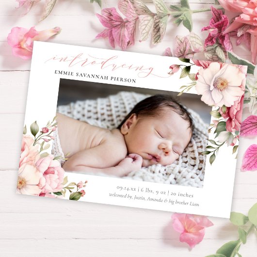 Elegant Roze Kalligrafie Bloemen Baby Foto Geboort Aankondiging