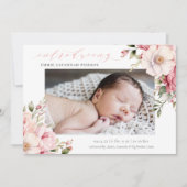 Elegant Roze Kalligrafie Bloemen Baby Foto Geboort Aankondiging (Voorkant)