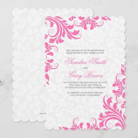 Elegant Roze Kant Wit Damasks Bruiloft Kaart (Voorkant / Achterkant)