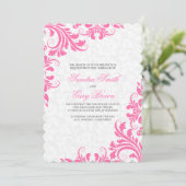 Elegant Roze Kant Wit Damasks Bruiloft Kaart (Staand voorkant)