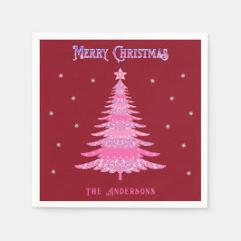 Elegant Roze Kerstboom Aangepaste Naam Rood Servet