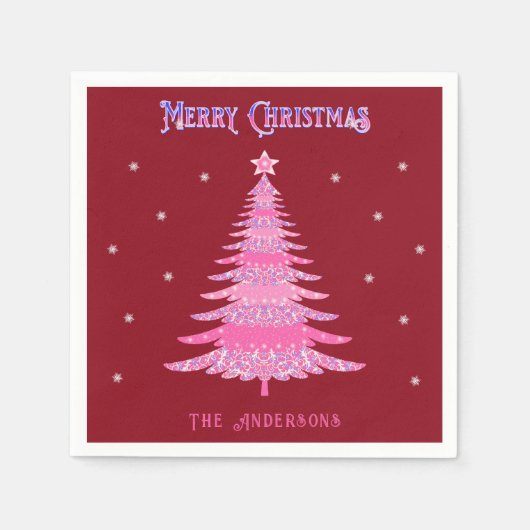 Elegant Roze Kerstboom Aangepaste Naam Rood Servet (Voorkant)