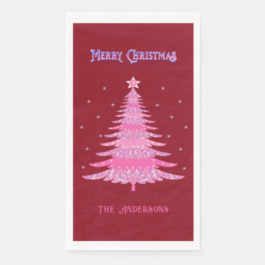 Elegant Roze Kerstboom Naam Custom Rood Servet (Voorkant)