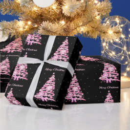 Elegant Roze Kerstboom Patroon Zwart Cadeaupapier