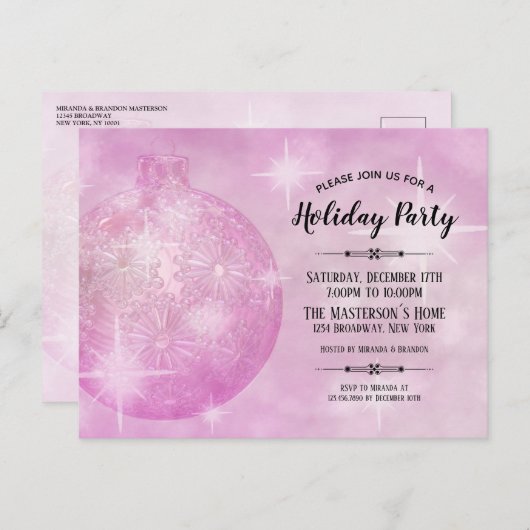 Elegant Roze Kerstfeest Bauble Uitnodiging Briefkaart (Voorkant / Achterkant)