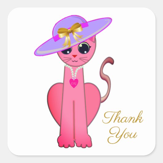 Elegant Roze Kitty Cat Hartelijk dank Vierkante Sticker (Voorkant)