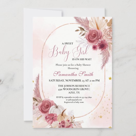 Elegant Roze Kleine Pompoen Sweet Girl Baby shower Kaart (Voorkant)