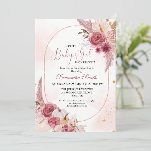 Elegant Roze Kleine Pompoen Sweet Girl Baby shower Kaart (Staand voorkant)