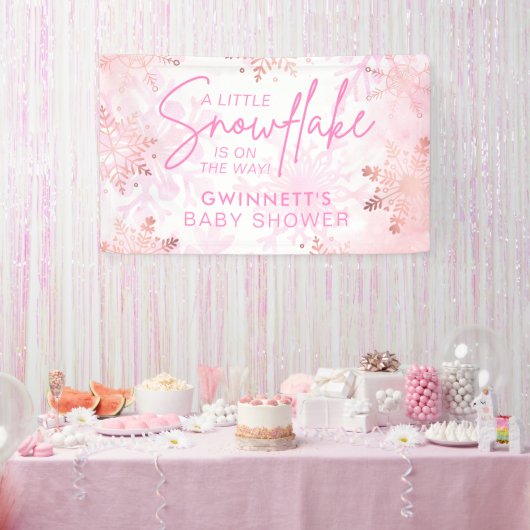 Elegant Roze Kleine Sneeuwvlok Baby shower Spandoek (Feest)