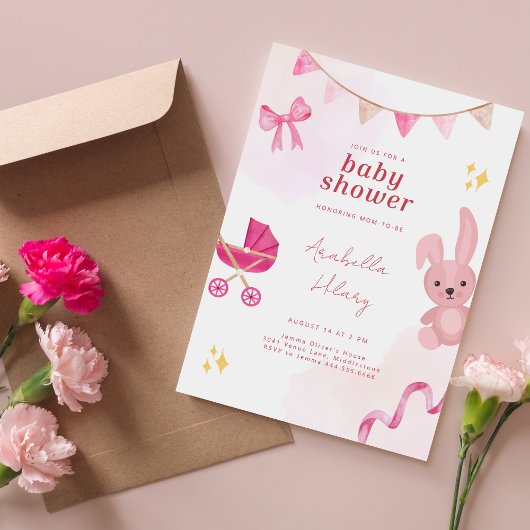 Elegant roze konijn Baby shower uitnodiging
