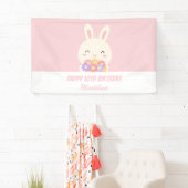 Elegant roze konijn en bloemen meiden verjaardag spandoek (Insitu)