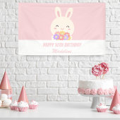 Elegant roze konijn en bloemen meiden verjaardag spandoek