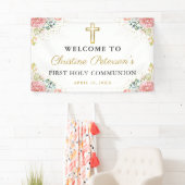 Elegant roze koraal Floral eerste Heilige Communie Spandoek (Insitu)