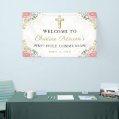 Elegant roze koraal Floral eerste Heilige Communie Spandoek (Beurs)