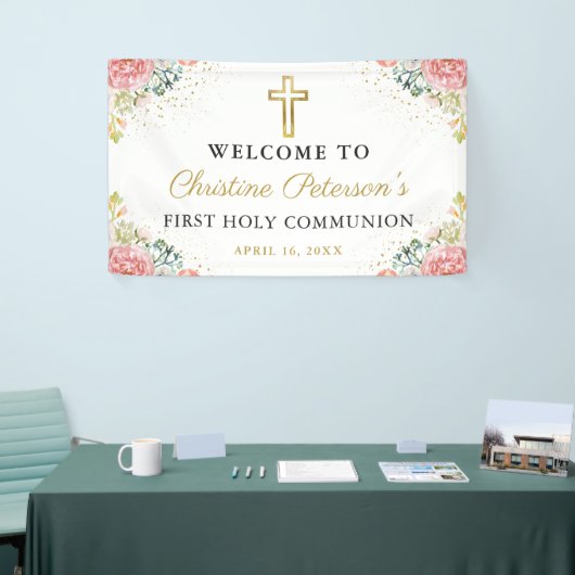 Elegant roze koraal Floral eerste Heilige Communie Spandoek (Beurs)