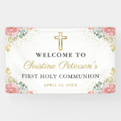 Elegant roze koraal Floral eerste Heilige Communie Spandoek (Horizontaal)