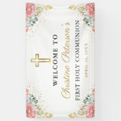 Elegant roze koraal Floral eerste Heilige Communie Spandoek (Verticaal)