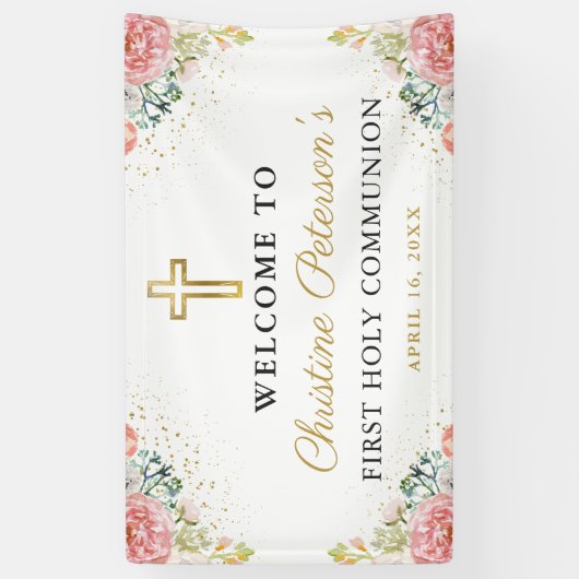 Elegant roze koraal Floral eerste Heilige Communie Spandoek (Verticaal)