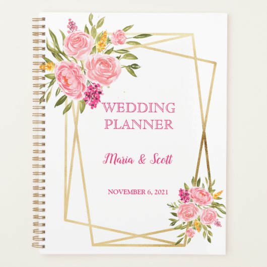 Elegant roze koraal - Floral en gouden bruiloft Planner (Voorkant)