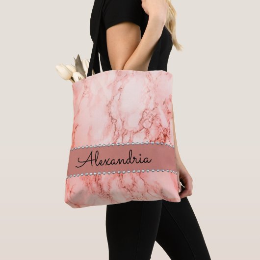 Elegant roze koraal marmer gepersonaliseerd tote bag (Dichtbij)