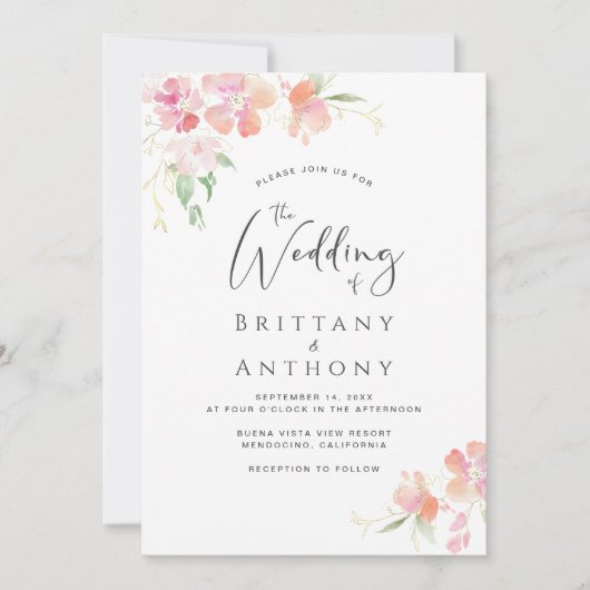 Elegant roze koraal Waterverf bruiloft Kaart (Voorkant)