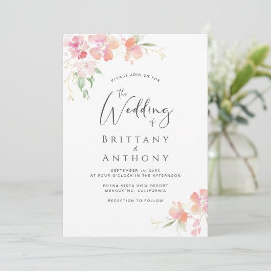 Elegant roze koraal Waterverf bruiloft Kaart (Staand voorkant)