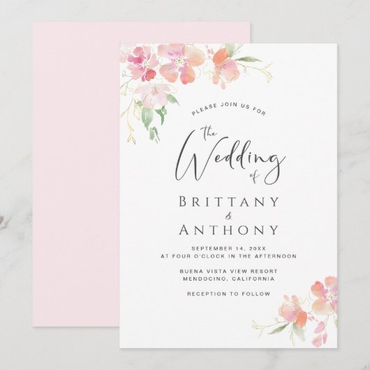 Elegant roze koraal Waterverf bruiloft Kaart (Voorkant / Achterkant)